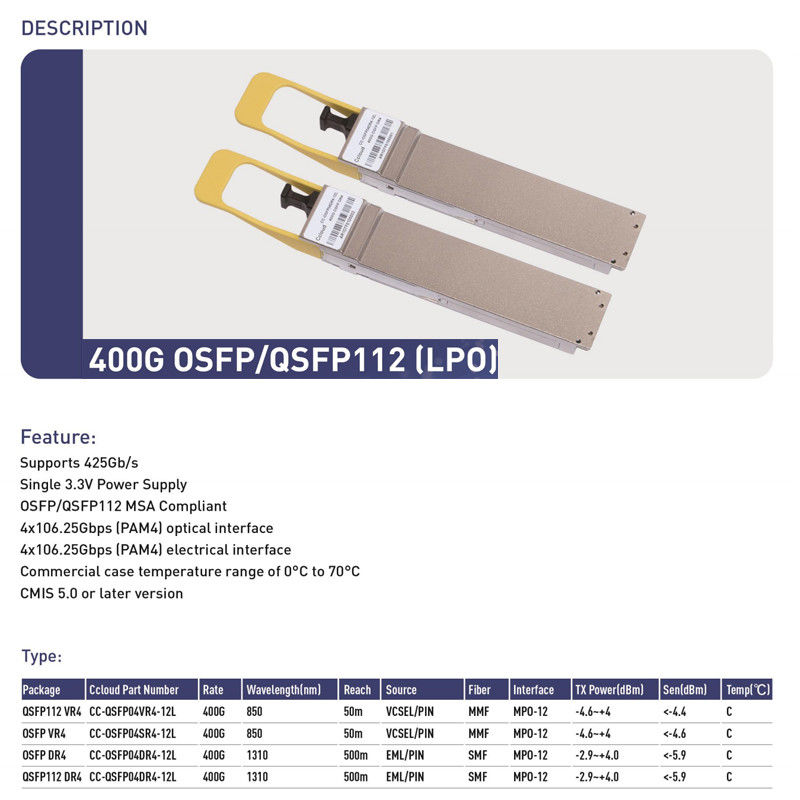400G QSFP112 SR4 ホットプラグマルチモード光ファイバートランシーバー データセンターと光学インターコネクトのためのインターコネクト100m