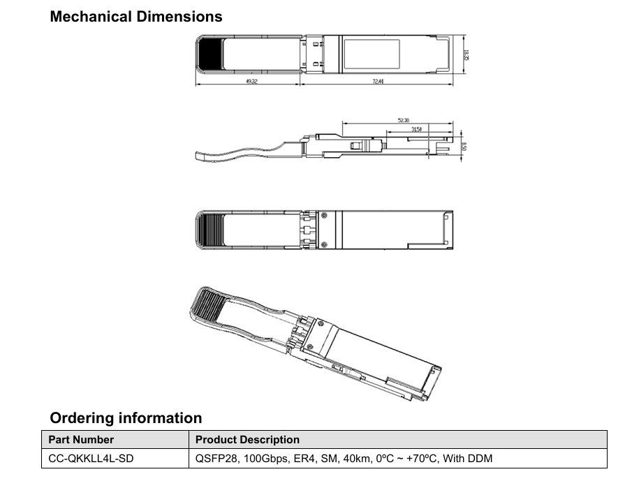 単一 3.3V 電源 100GBASE QSFP28 ER4 40KM 光ファイバー 機器 デュプレックス LC 光受信機 モジュール